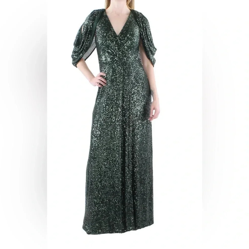 Nightway Womens Green Sequined Cape Long Gown 6 BHFO 0691 NWT